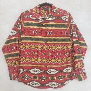 Vintage British Khaki women US 10 red patterned button up cotton shirt long slv